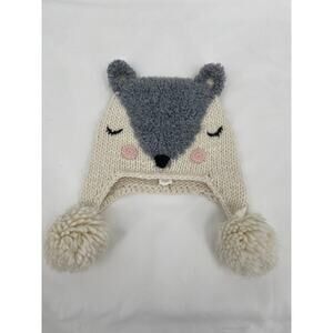 Mud Pie Toddler Knit Winter Hat Grey Fox Size 2t-5t Pom Pom Ear Flaps
